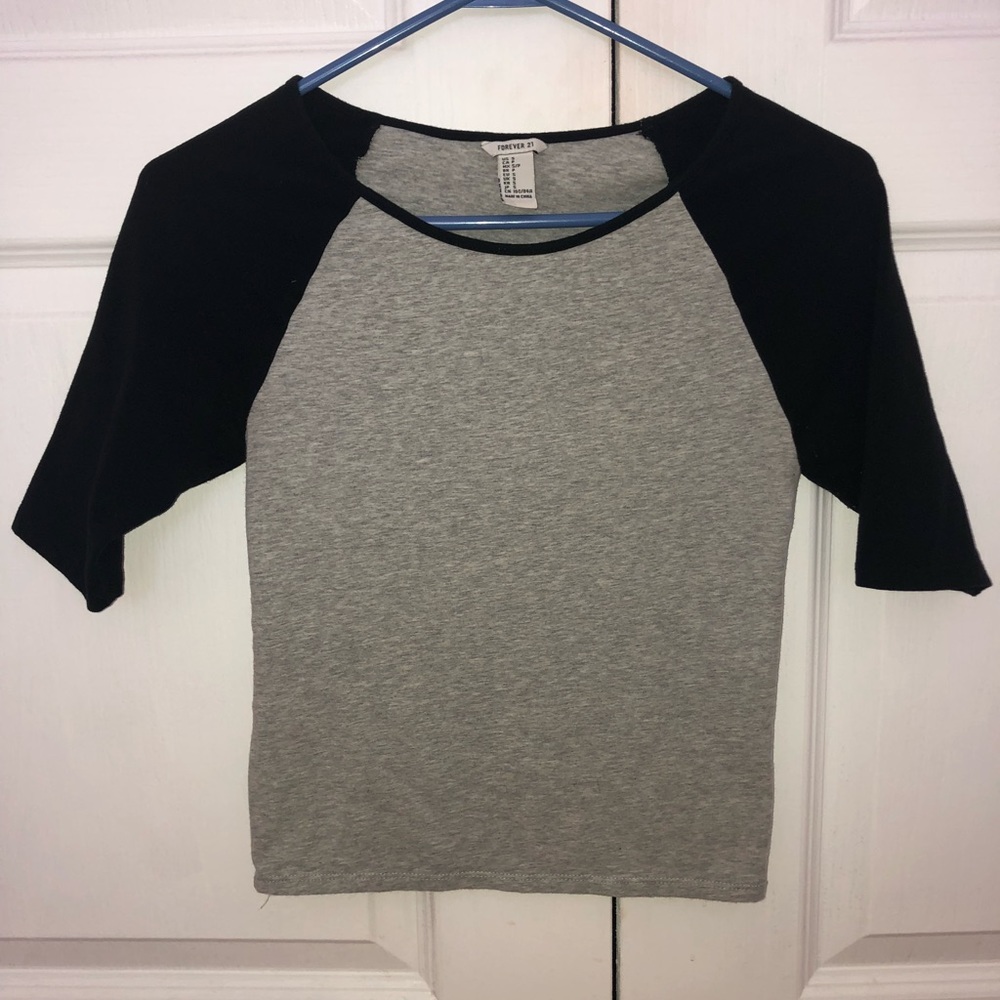 Baseball tee style black and gray crop shirt